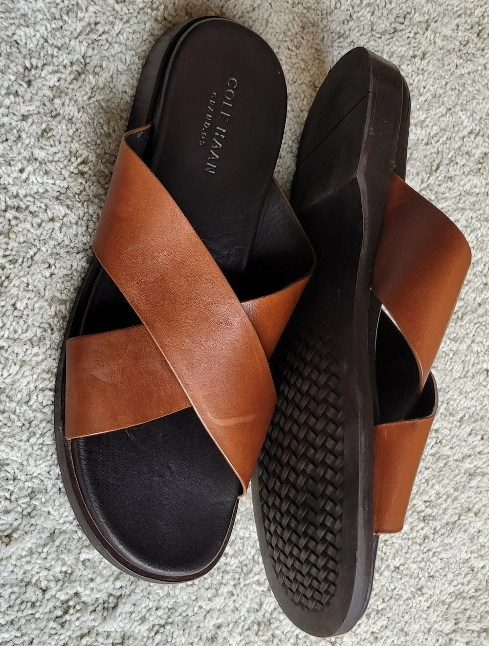 Cole Haan Grand.os Mens Brown Leather Sandals W Black Leather Footbed X Style 12